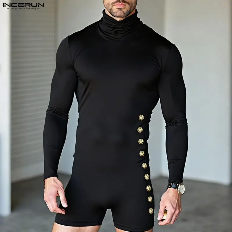 

INCERUN мужские боди однотонные водолазки с длинными рукавами комбинезоны мужские комбинезоны уличная одежда вязаные пуговицы модные мужские боди