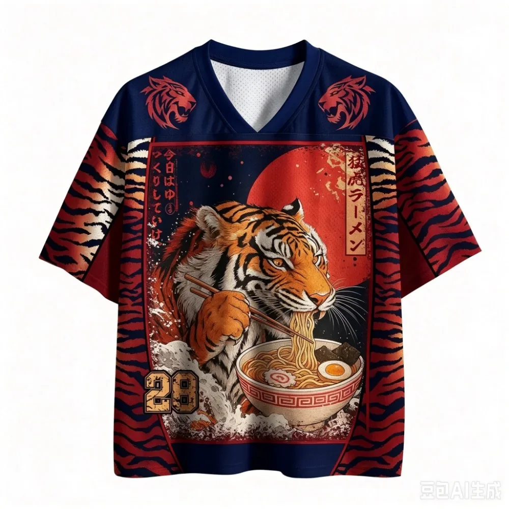 Retro Tiger Ramen 3DPrint Men's Women's V-neck Loose Quick-Dry Breathable T-shirt Y2K Street Fashion Trendy Baby-Parent Clothing