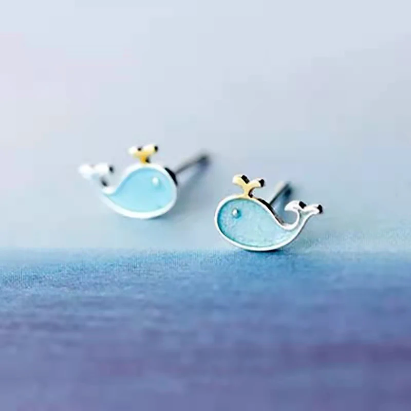 Wholesale Silver Color Blue Enamel Dolphin Stud Earrings for Women Girl Fashion New Piercing Jewelry Accessories
