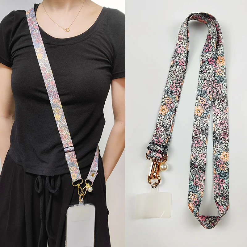 حزام حبل للهاتف الخلوي متقاطع مع الأزهار ، حبل معلق للرقبة قابل للتعديل مع مشبك حشية ، حبل حافظة عالمي مضاد للفقد