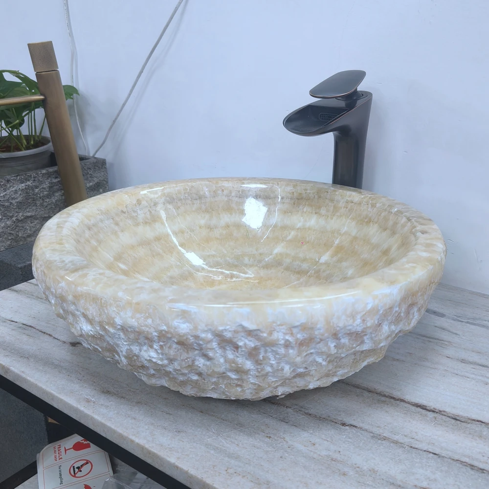#P Modern Polished Yellow Onyx Stone Wash Basin Bathroom Sink Art Countertop Sink with Easy Clean Feature for Villa & Hotel Use