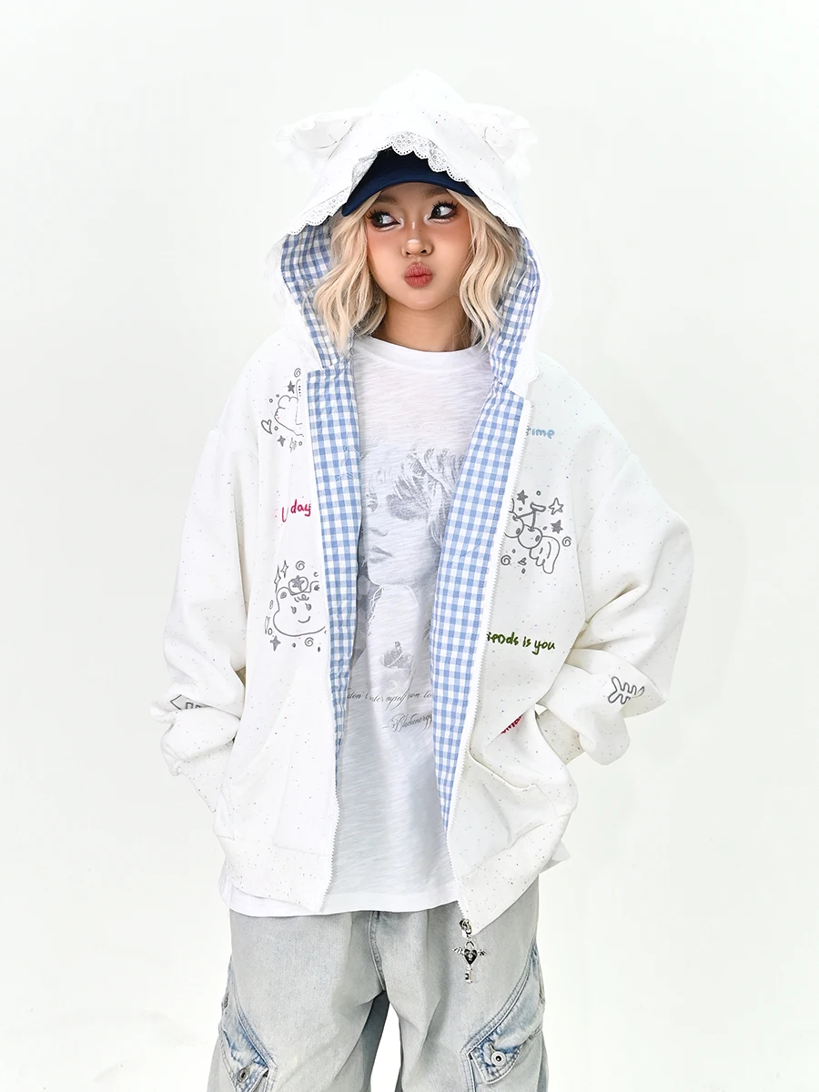 

Женский свободный кардиган-худи с кружевными вставками в стиле BF College, весна 2026, новинка, уличный стиль, на молнии