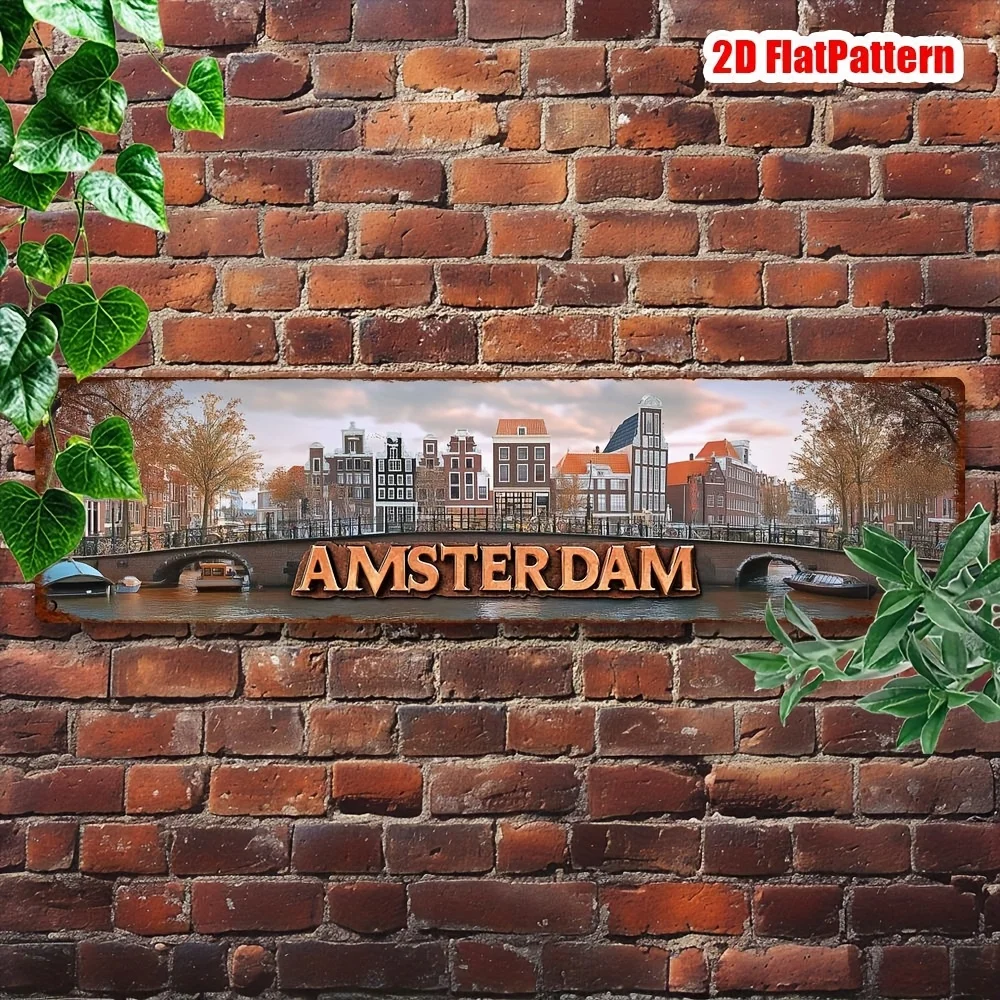 1pc Vintage Amsterdam Metal Tin Sign, UV Printed Metal Wall Art, Vivid Canal Landscape, with 