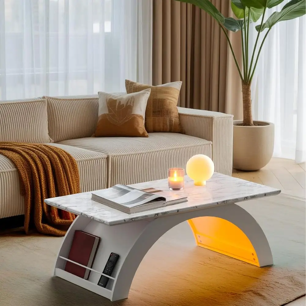 LED RGB Illuminated Marble Effect Small Coffee Table for Living Room, Dining Area, and Office