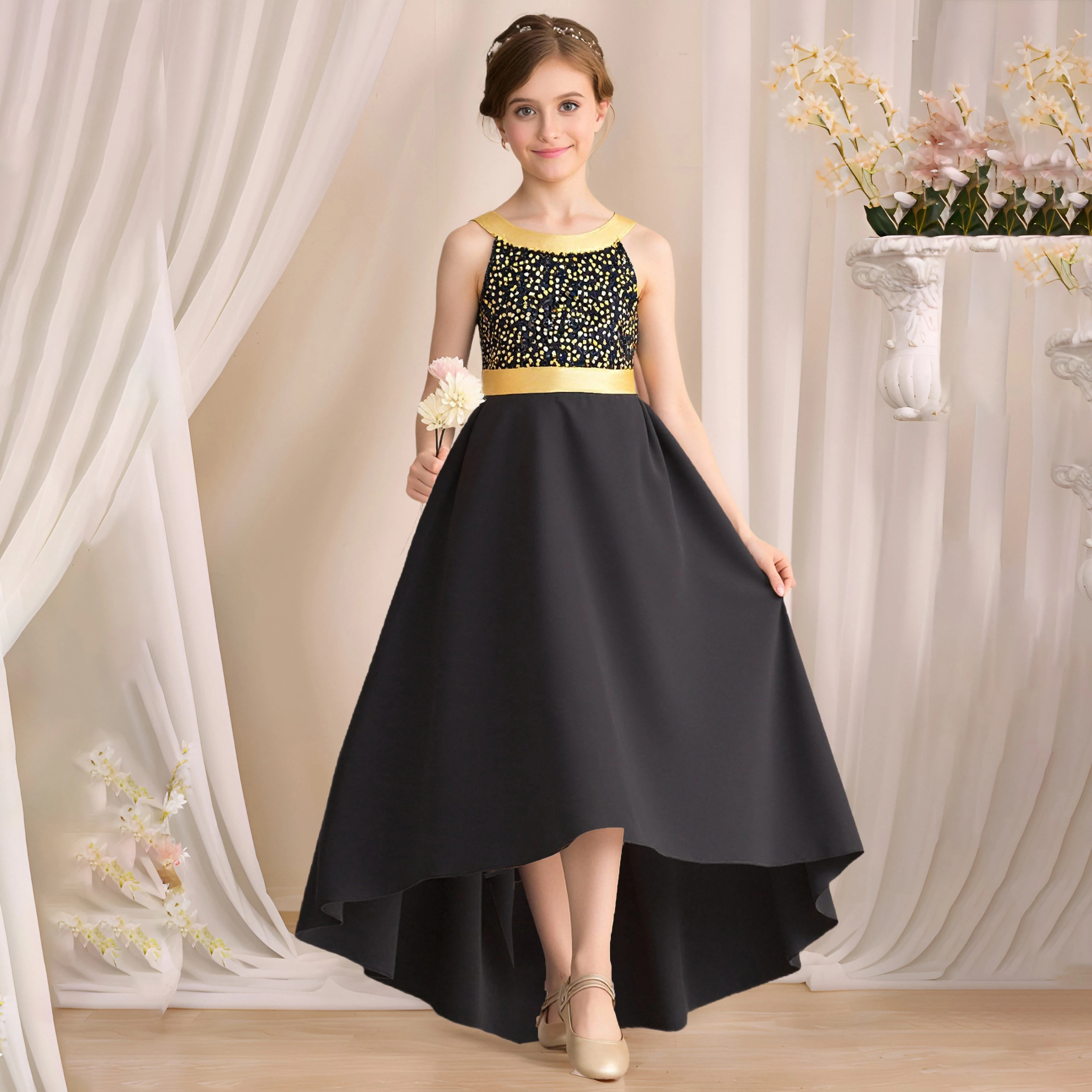 Mode Gold Pailletten Party Mädchen Kleid Elegante Brautjungfer Hochzeit Prinzessin Prom Kleider Mädchen Tailed Geburtstag Gala Abend Kostüm
