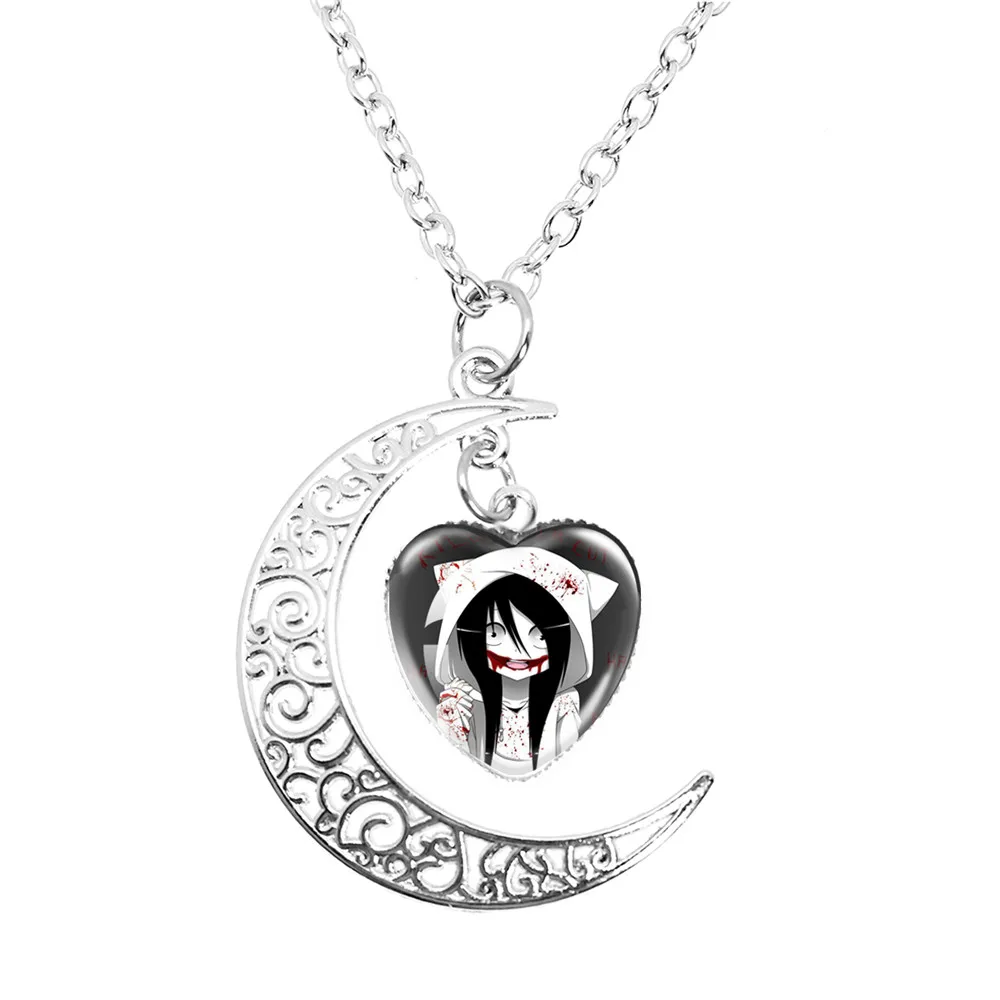 Jeff And Jane The Killer Moon Necklace Creepypasta Creepy Pasta Ticci Toby Creative Cartoon Glass Heart Pendant Necklace Jewelry