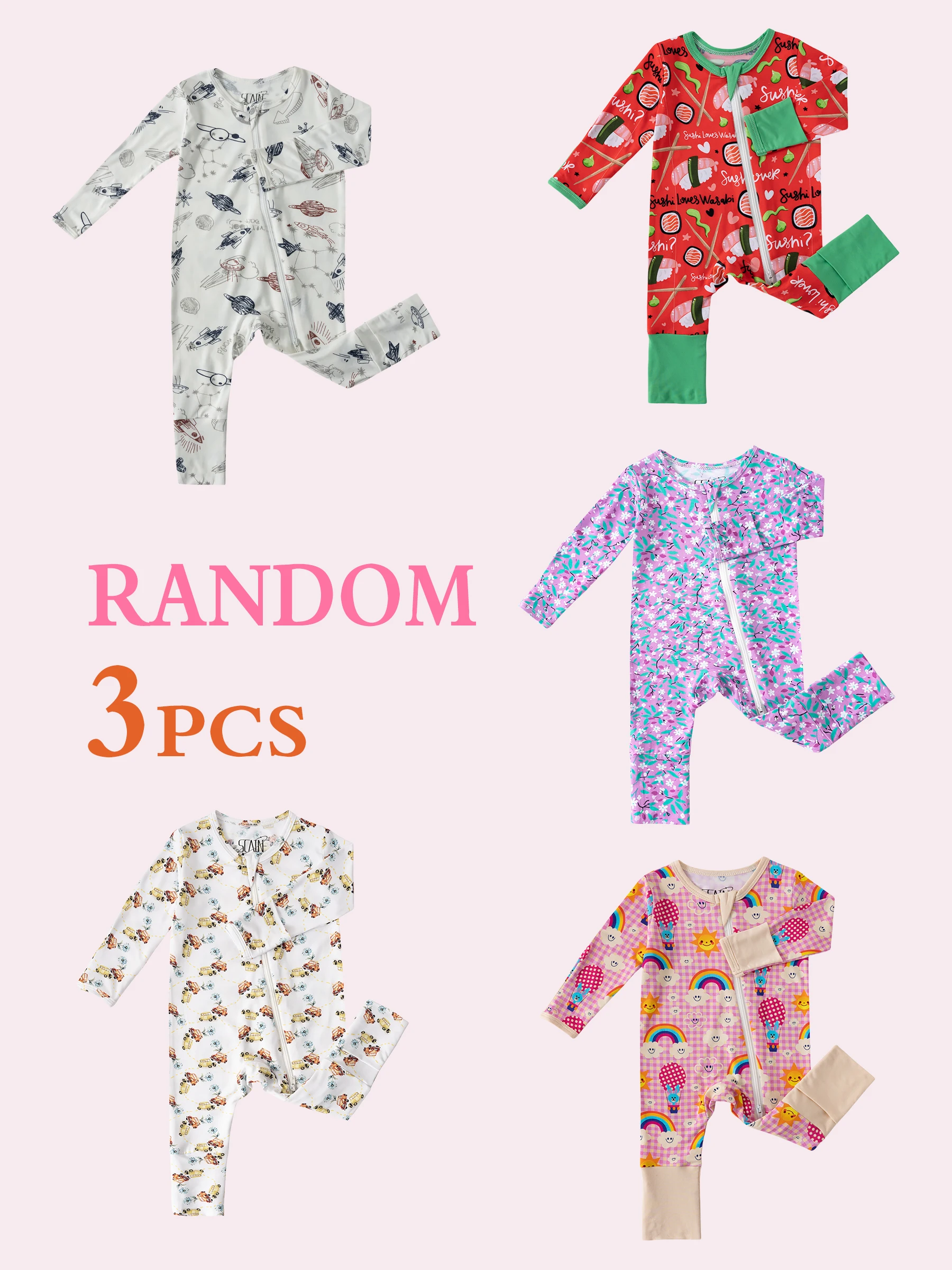 Randomly shipped 3-piece pack of ultra-soft bamboo fibre baby rompers for girls and boys, printed designs, machine washable.