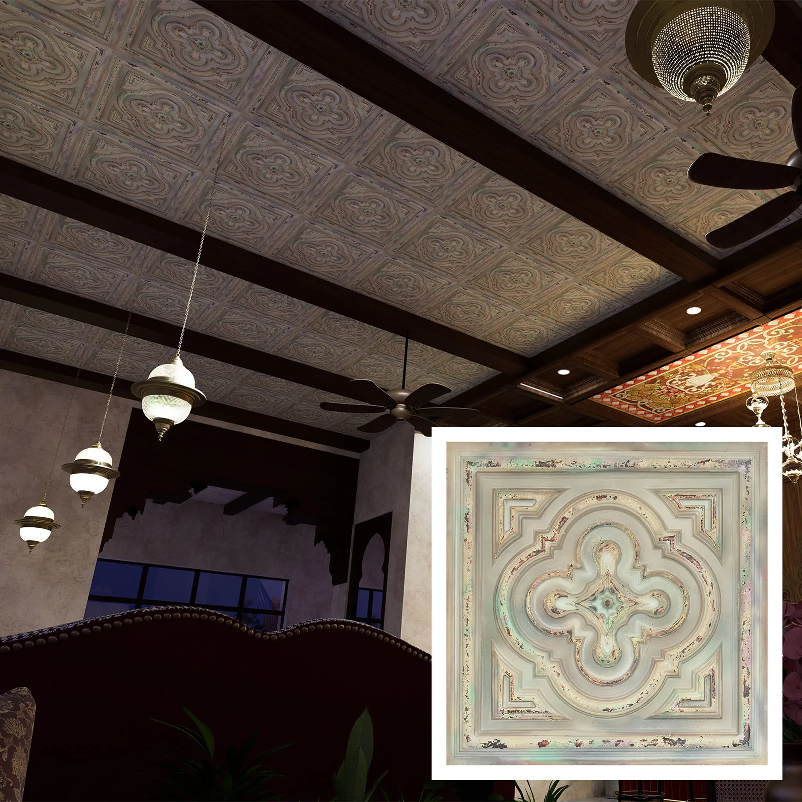 Vintage ceiling tiles，Interior decorative panel，for Flower Boutique PL36 Distress crack multicolor white 10tiles/lot