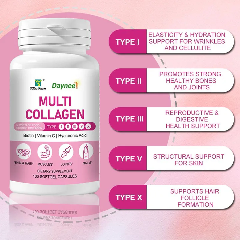 Multi Collagen Pills for Women 90pcs with Biotin Hyaluronic Acid Magnesium Grape Seed Vitamin A&C Capsules Dietary Supplement