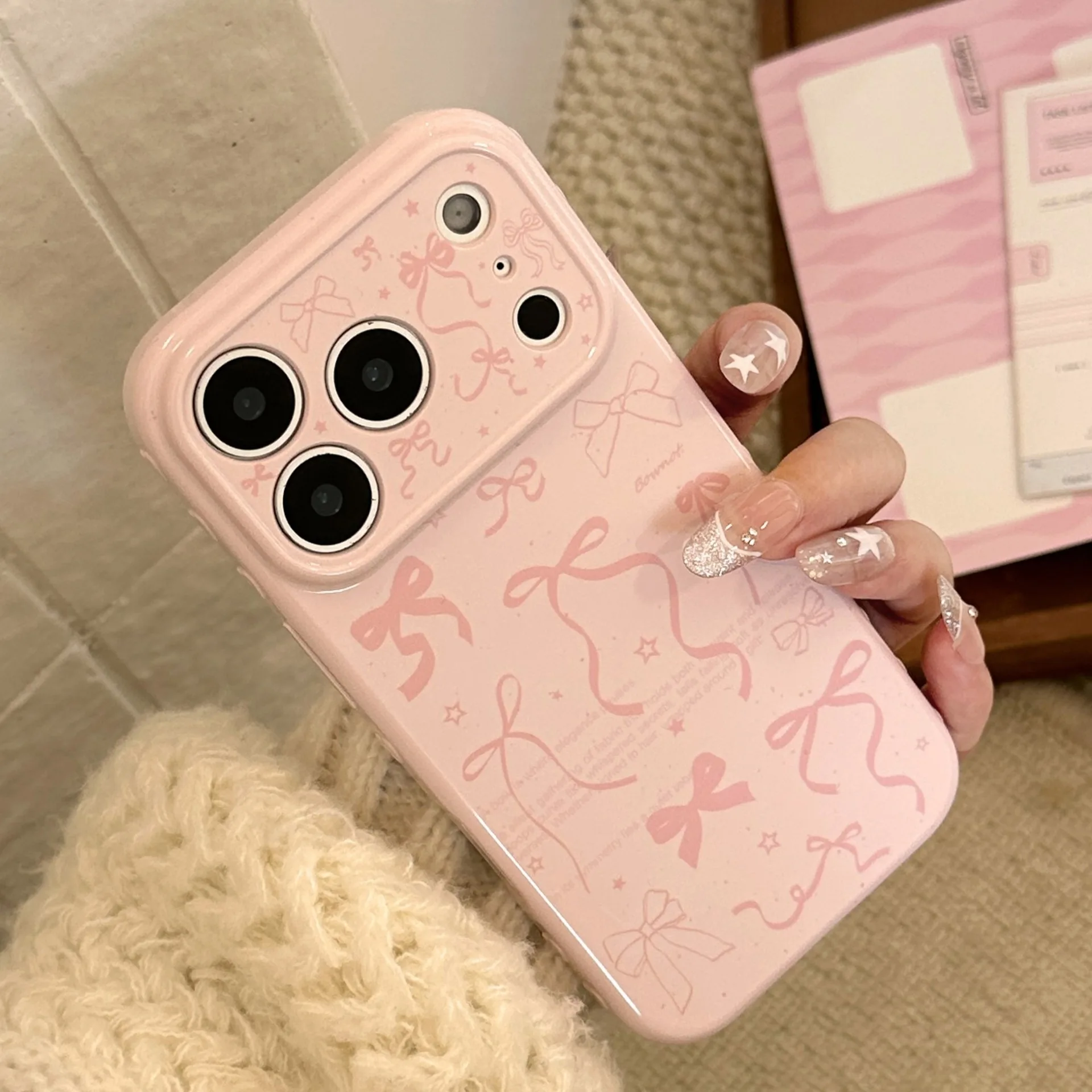Hochwertige, süße, pinkfarbene Handyhülle mit Doodle-Schleife für iPhone 18 11 12 13 14 15 16 17 Pro Max Plus, stoßfeste Schutzhülle – Detail 6