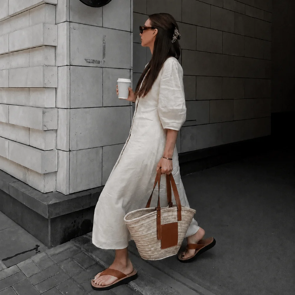 Casual Loose Cotton Linen Dress V Neck A Line Puff Sleeve Outfit Beige Tone Puff Sleeve V Neck Long Skirt Coast Photograph