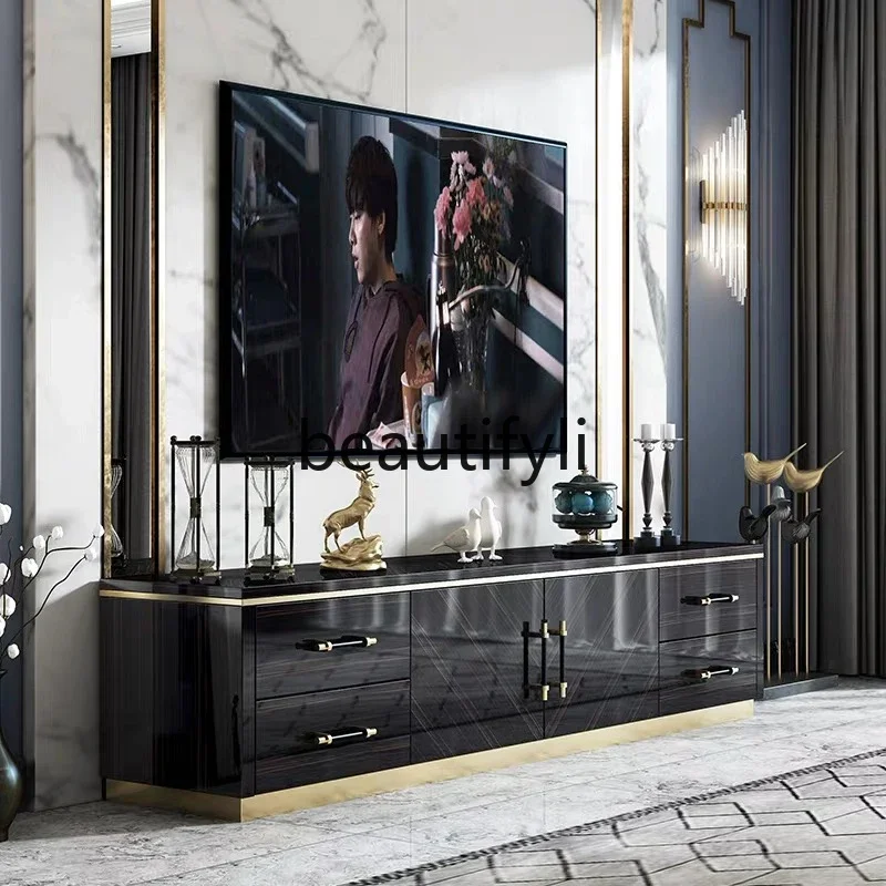 

Modern light luxury living room TV cabinet coffee table combination solid wood floor cabinet simple stainless steel bright paint