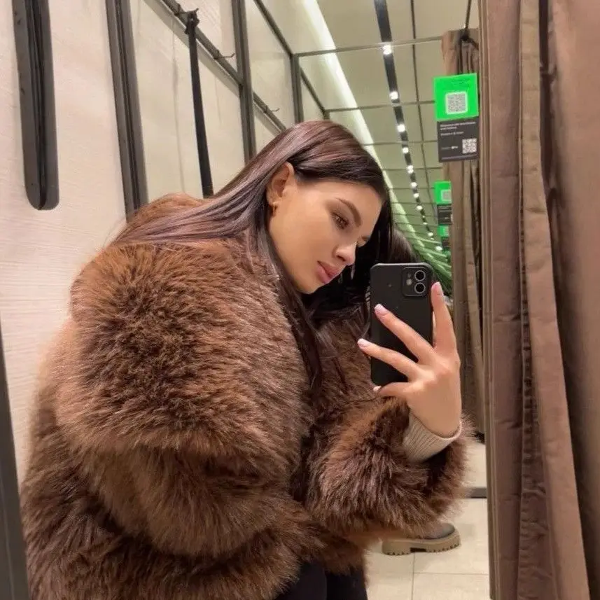 인조 모피 여성 코트, 데미 시즌 코쿤형 레이스업 노치 라펠 후드 테일러드 스트리트웨어, 양면 셰기드 인조 모피