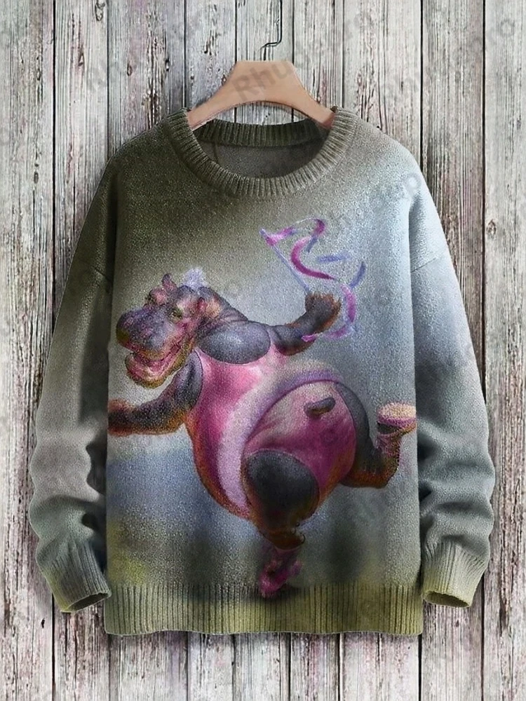 Funny Hippopotamus Watercolor Art Print Knit Pullover Sweater Men's For Women's Pullover Ropa De Hombre