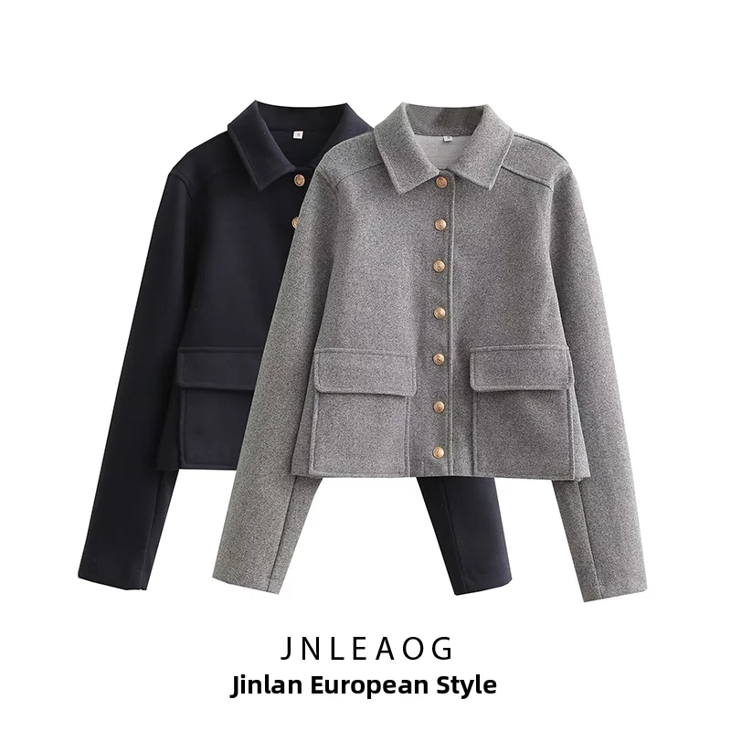 

JNLEAOG Summer New Women's Fashion Soft Woolen Short Jacket Decorative Metal Buckle 2 Colors Straight Tube Shape Long Sleeve