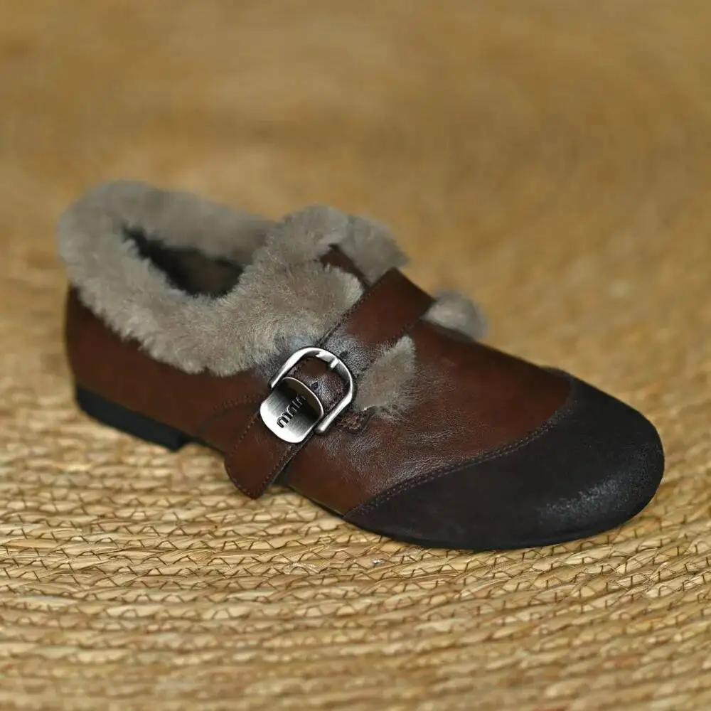 Fur Women's Loafers Leather Suede Patchwork Genuine Leather Cross Belt Buckle Female Shoes Round Toe Brown Flats Phoentin view 4