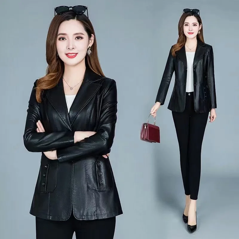 Women Leather Jacket Casual Lady Leather Blazers Coat New Female 6XL Green Leather Clothing Outerwear Autumn Female Soft Jacket