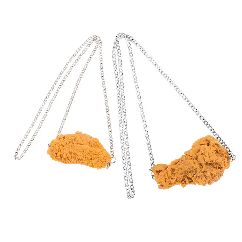 2Pcs Fried Chicken Wing Leg Necklace Imitation Food Pendant Fake Food Hanging Chain Fashion Party Favor Accessory