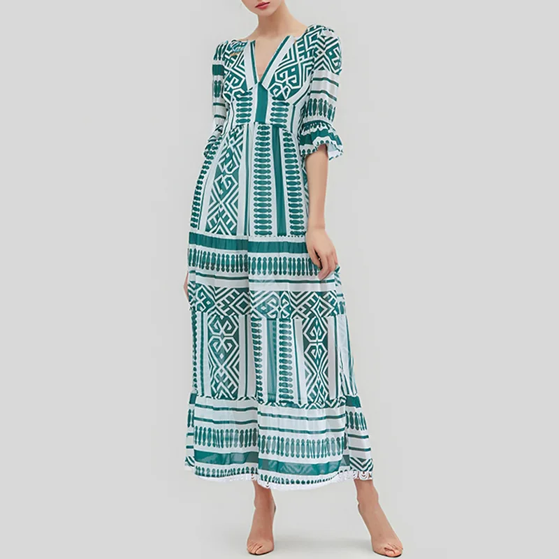 

Bohemian Style 2026 Spring New Fashion Design Printed V-neck Ruffle Dress For Women Summer Dresses 2026 Outfits Maxi Robe Luxury