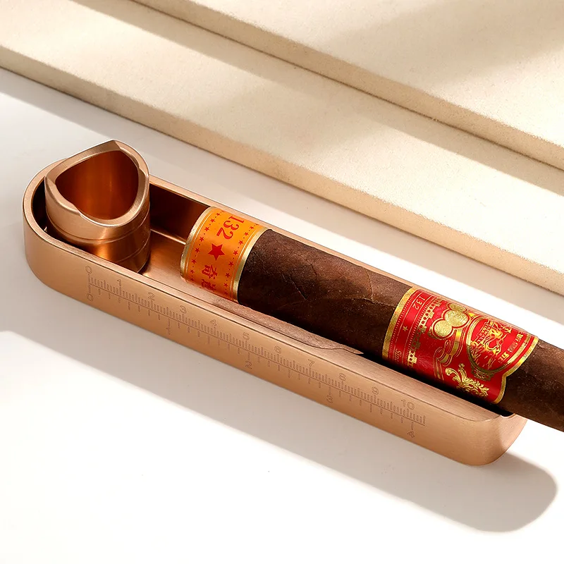 Luxury Metal Cigar Ashtray & Punch Set - CNC Aluminum Brushed Finish Cigar Holder Stand with Ruler, Portable Smoking Accessories