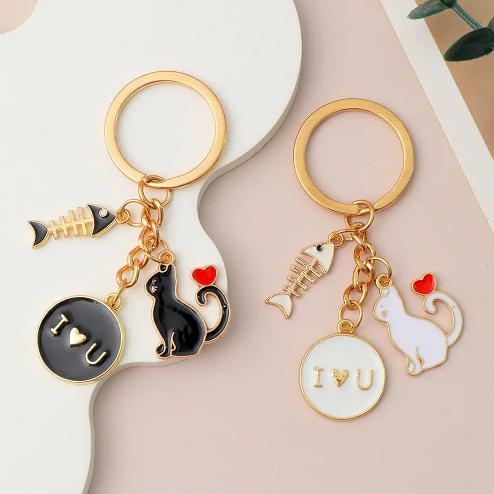 Fashion Heart-Shaped Cat Key Ring I Love You Tag Fish Bone Pendant With Key Rings For Women Girl Handbag Ornaments Couple Gifts