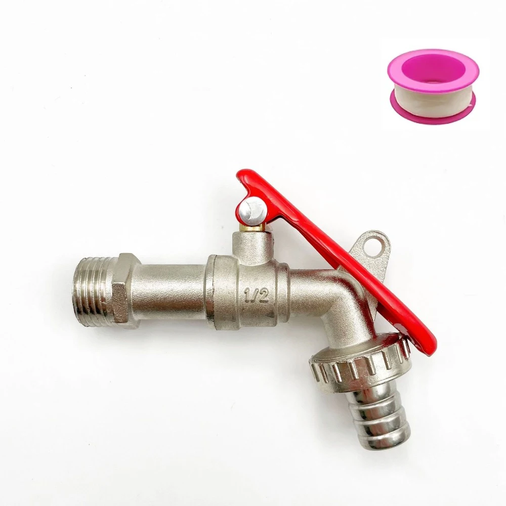 1/2 Inch Lockable Garden Tap Brass Bibcock Anti-Theft Outdoor Water Faucet with Red Handle for Hose Connection