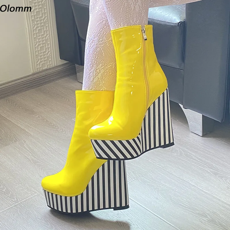 Olomm Handmade Women Platform Ankle Boots Strip Wedges Heel Boots Round Toe Gorgeous Red Pink Party Shoes Plus US Size 5-20