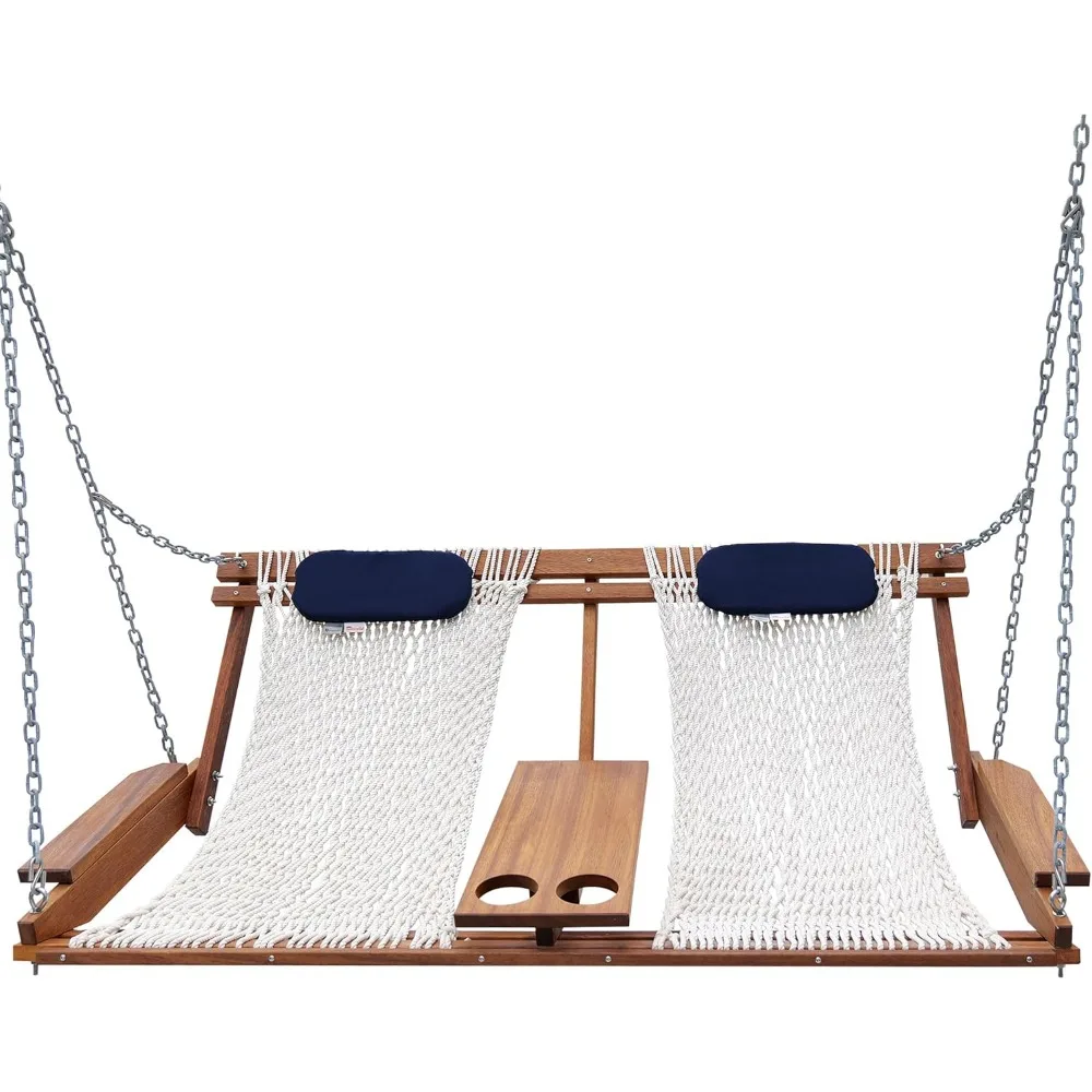

Deluxe Patio Swing, Rope Net Double Seats, Teak Armests Tabe Plate Cup Holder with Hanging Chains, All Solid Wood Frame