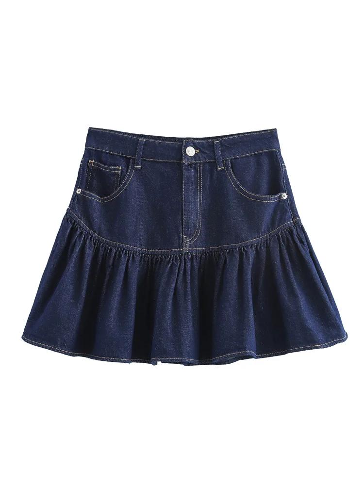 

KAOPU ZA Women gathered denim skater mini skirt vintage high-waist zip fly female skirts mujer