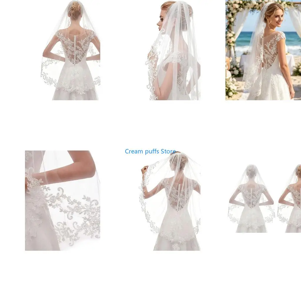50LE Romance Lace Bridal Veil Wedding Veil with Flower Single Layer Sheer Headveil