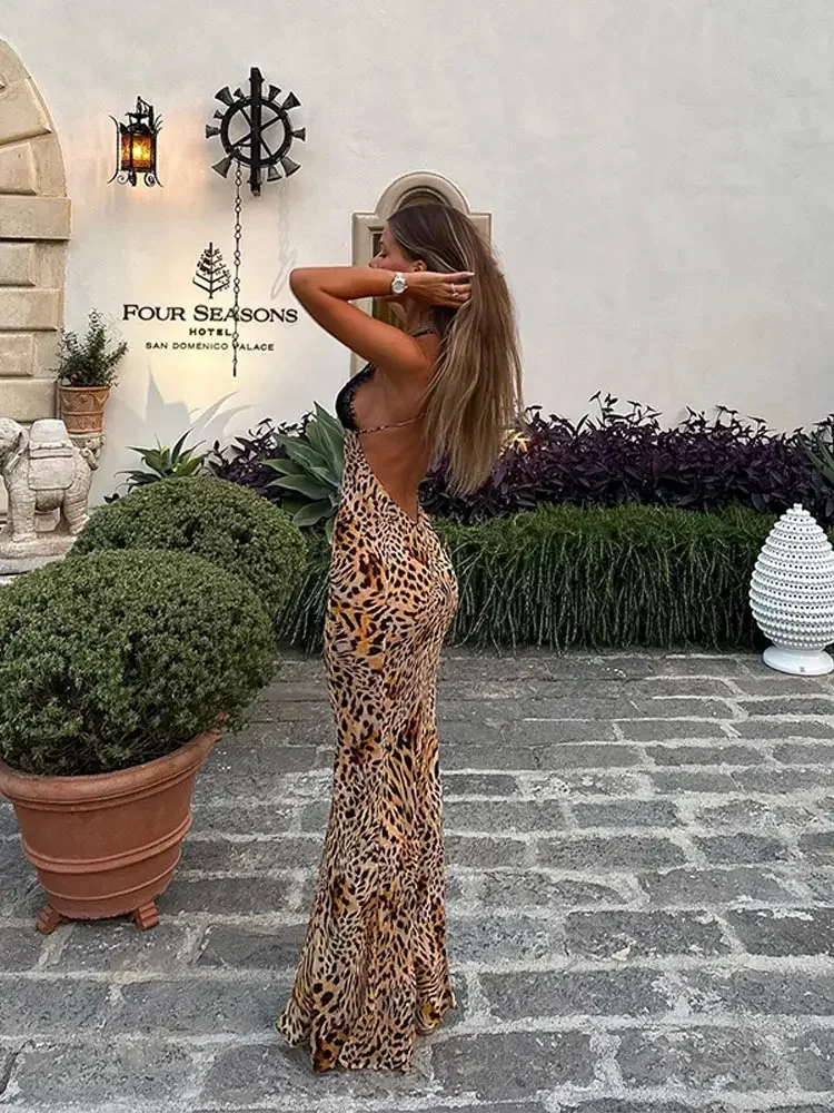 Feminino Sexy Lace Patchwork Leopard Print Maxi Dress, Decote em V profundo, Sem mangas, Vestidos sem encosto, Lady Chic Party Robes, Moda Verão