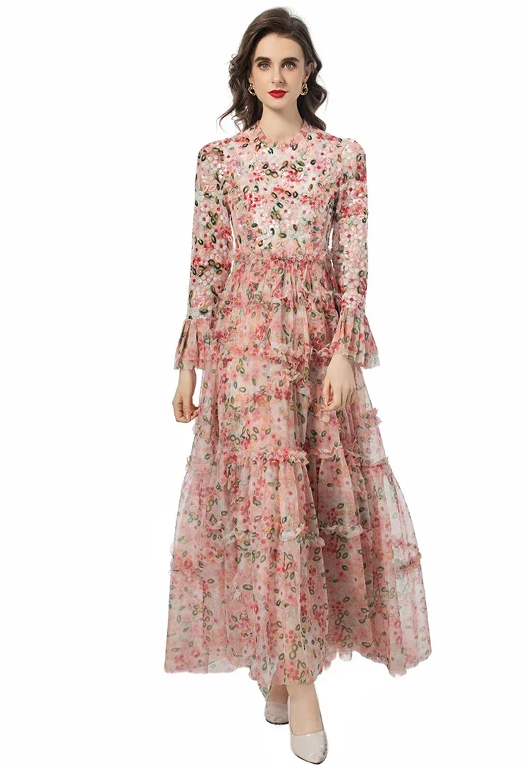 

Elegant Summer Women Bohemian Floral Print Dress with Sequins Bow and Net Yarn Ruffles New High Quality Arrivals