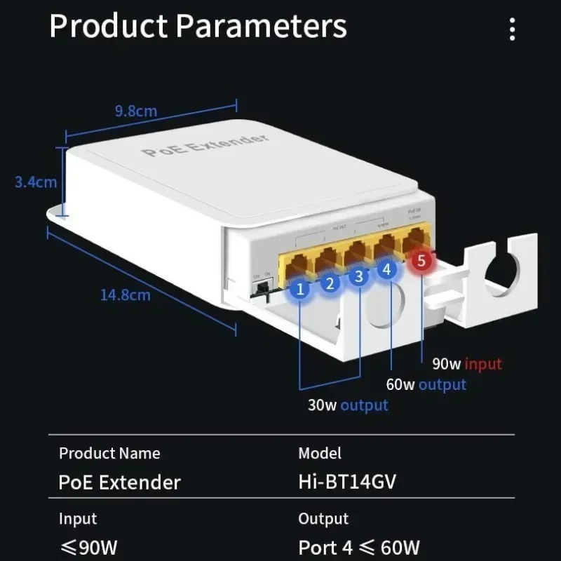 For IP Camera Wireless AP 5-Port Outdoor Waterproof PoE Extender 100/1000Mbps PoE Repeater IP55 VLAN 44-57V Network Switch