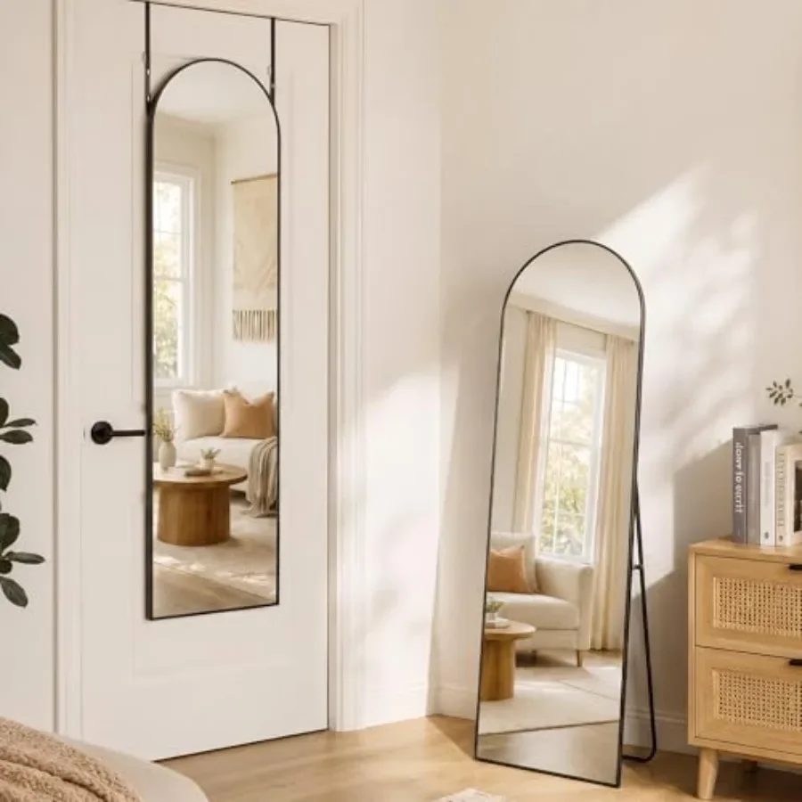 

Over The Door Mirror for Bedroom, Living Room, Bathroom, Dorm: 15x56 Arched Full Length Mirror with Aluminum Frame, Silver, Adj