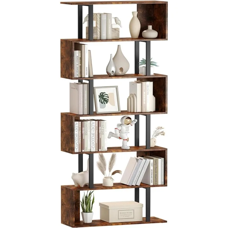 Yusong Geometric Bookcase, S Shaped Bookshelf 6-Tier Book Shelves for Bedroom, Modern Wood Decorative Display Shelf, Bown