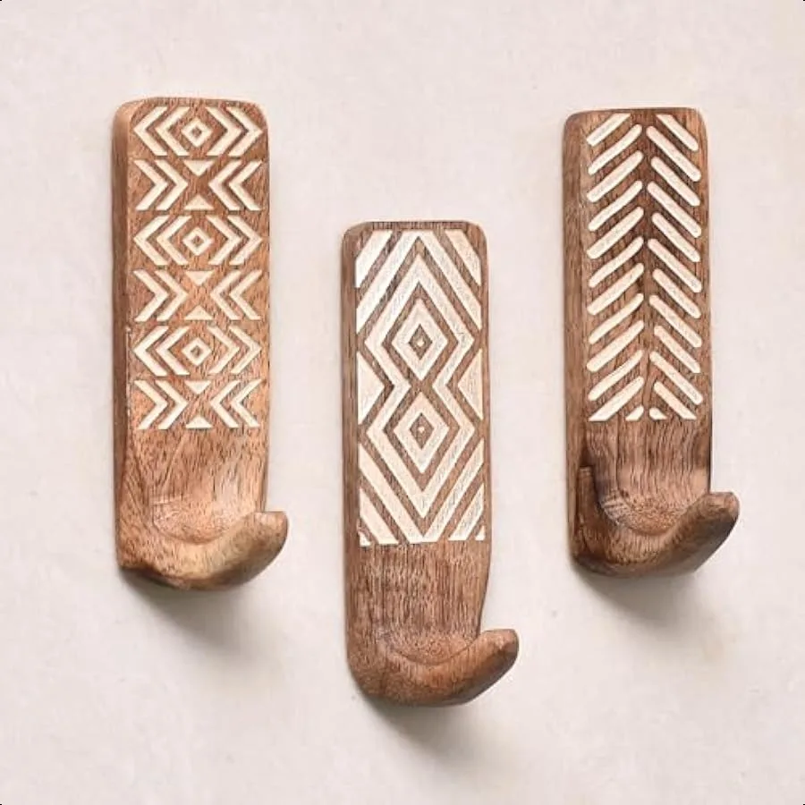 Boho Decorative Wood Adhesive Wall Hooks for Coats 3 Hooks 6 Strips Waterproof Rustproof Towel Holder NoDrill Hangers for Bathr