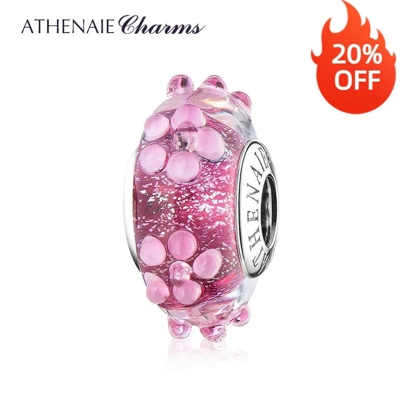 

ATHENAIE 100% 925 Sterling Silver Pink Murano Glass Beads Flower Charms Fit Women Bracelet & Bangle Necklace Jewelry Girl Gift