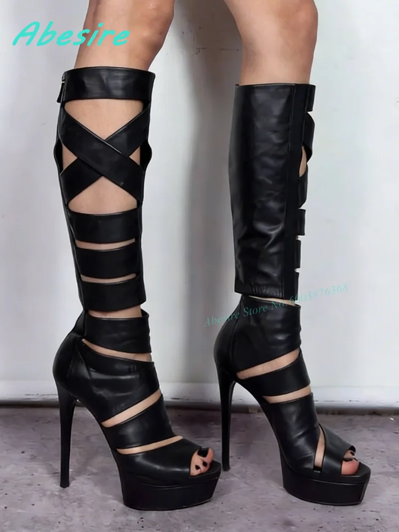 Cross Tied Hollow Out Leather  - Knee High Boots Women review and price