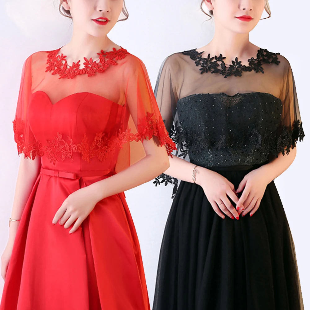 Casual O-Neck Lace Short Sleeve Bridal Wedding Elegant Women Cape Summer Black Applique Tulle Evening Prom Cape Cosplay Shawl