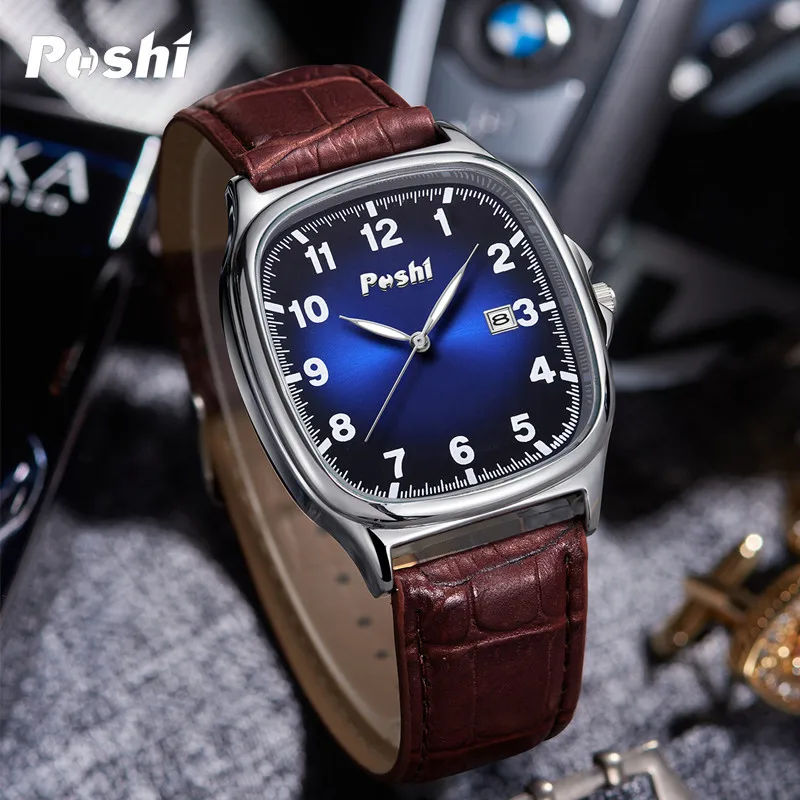 POSHI Men's Quartz Watches Leather Strap Casual Men Wristwatch Waterproof Date Luminous Luxury Business Watch for Man Male Gifts