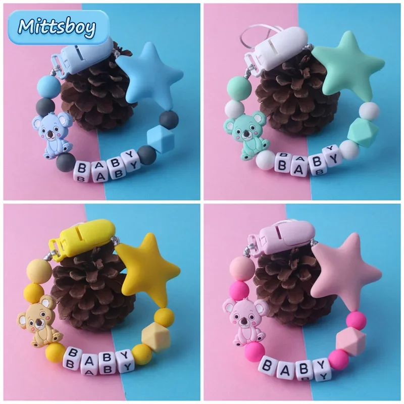 DIY Custom Name Baby Teether Bracelet Food Grade Silicone Chews Nurse Toys Koala Teething Necklace Pacifier Clips With Name Gift