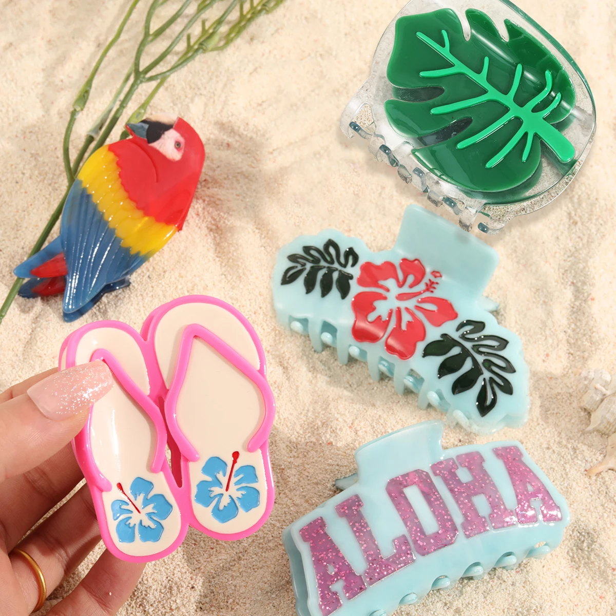 1piece personalized acetic hawaiian parrot flip-flop aloha flower hair claw clip for summer holiday