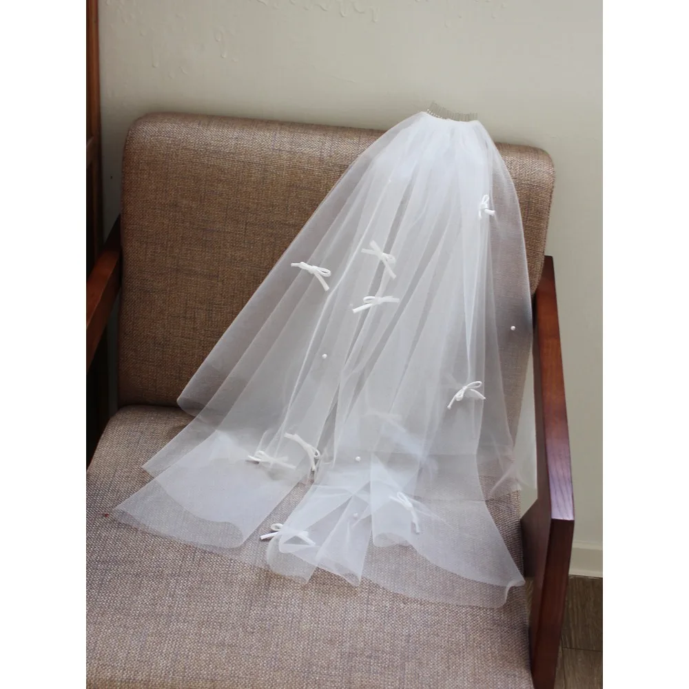 

Wedding Ivory Veils Marriage Accessories Bride to Be Beaded Bowknot Short Bridal Wedding Veil Marriage Accessories