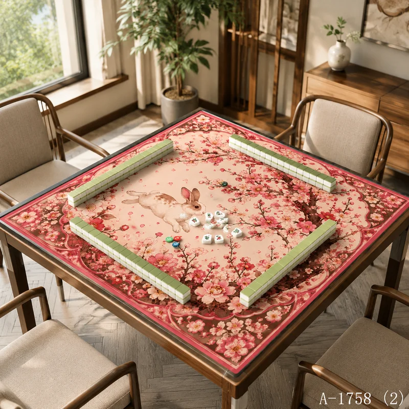 VIKAMA Soft Pink Chinese Cherry Blossom Rabbit Mahjong Mat Silent Non Slip Foldable Game Pad Floral Chinoiserie Desktop Decor