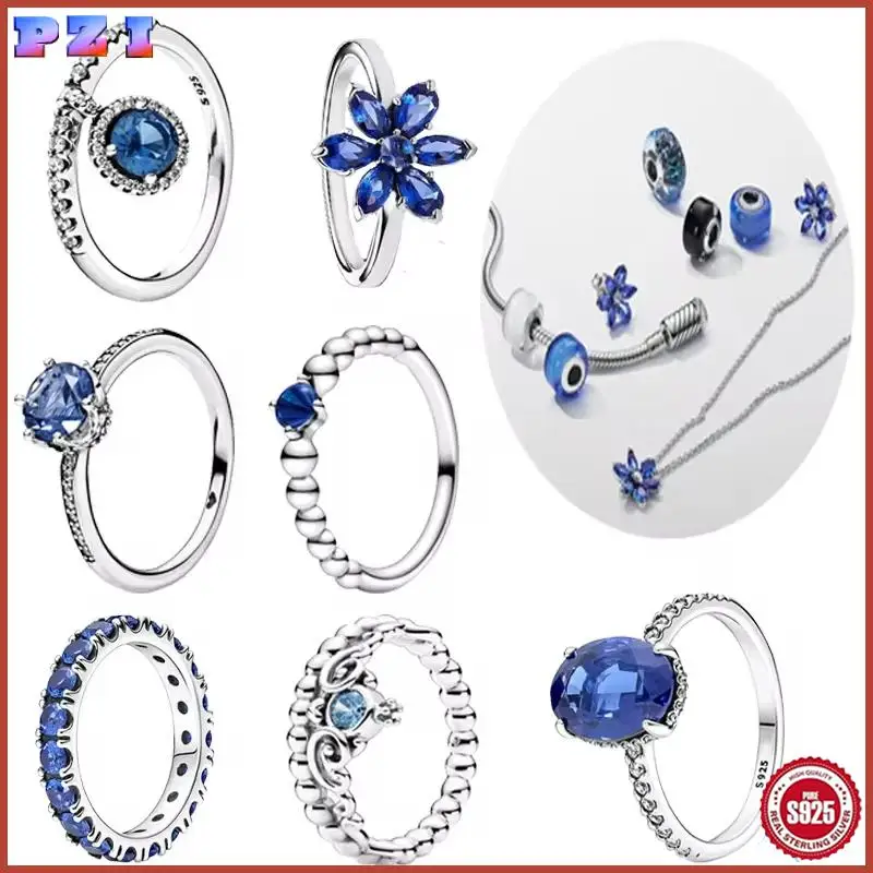 

2025 Original Design 925 Sterling Silver Tiara Crown Sparkle Blue Flowers Ring For Women Fine Jewelry Anniversary Birthday Gift