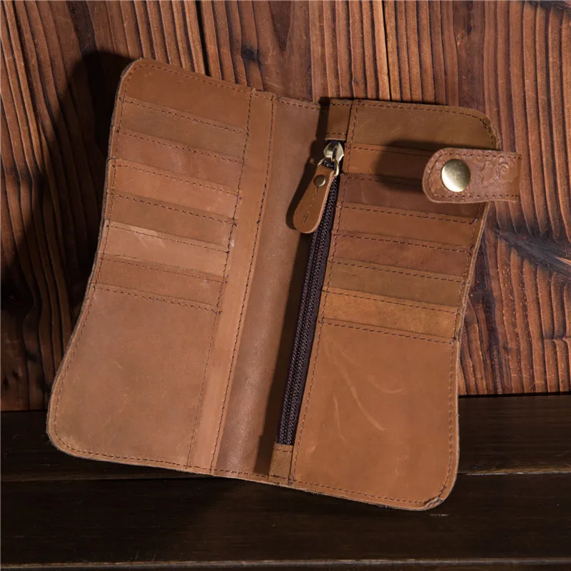 B161 Anti Theft Iron Chain Oil Wax Leather Wallet, Retro Dragon Pattern Top Layer Cowhide Long Card Bag