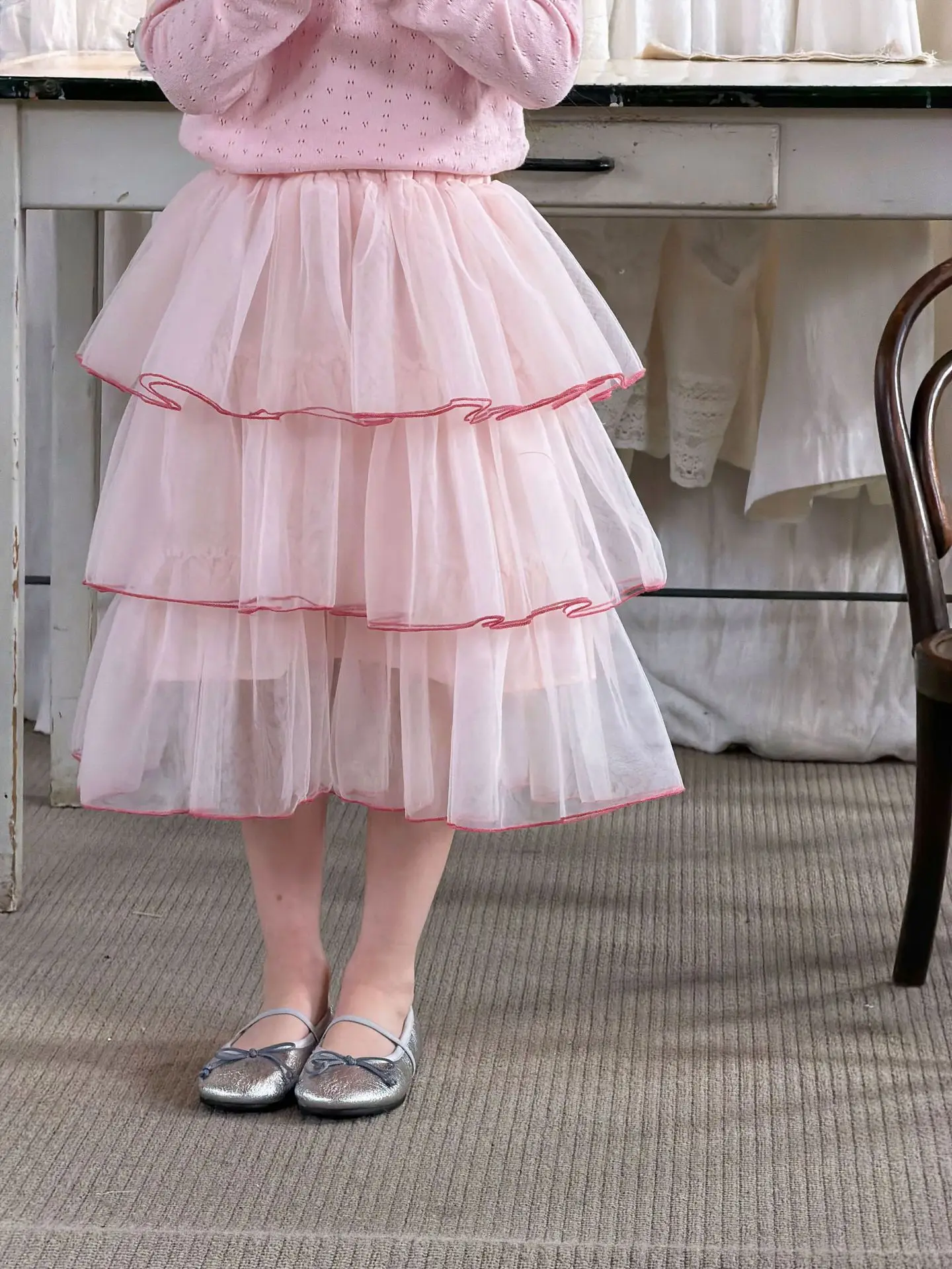 2026 Spring Sweet Style Children Skirt Pink Three-Layer Tulle Tiered Skirt for 2-7Y Girls Lightweight Flowy Dress