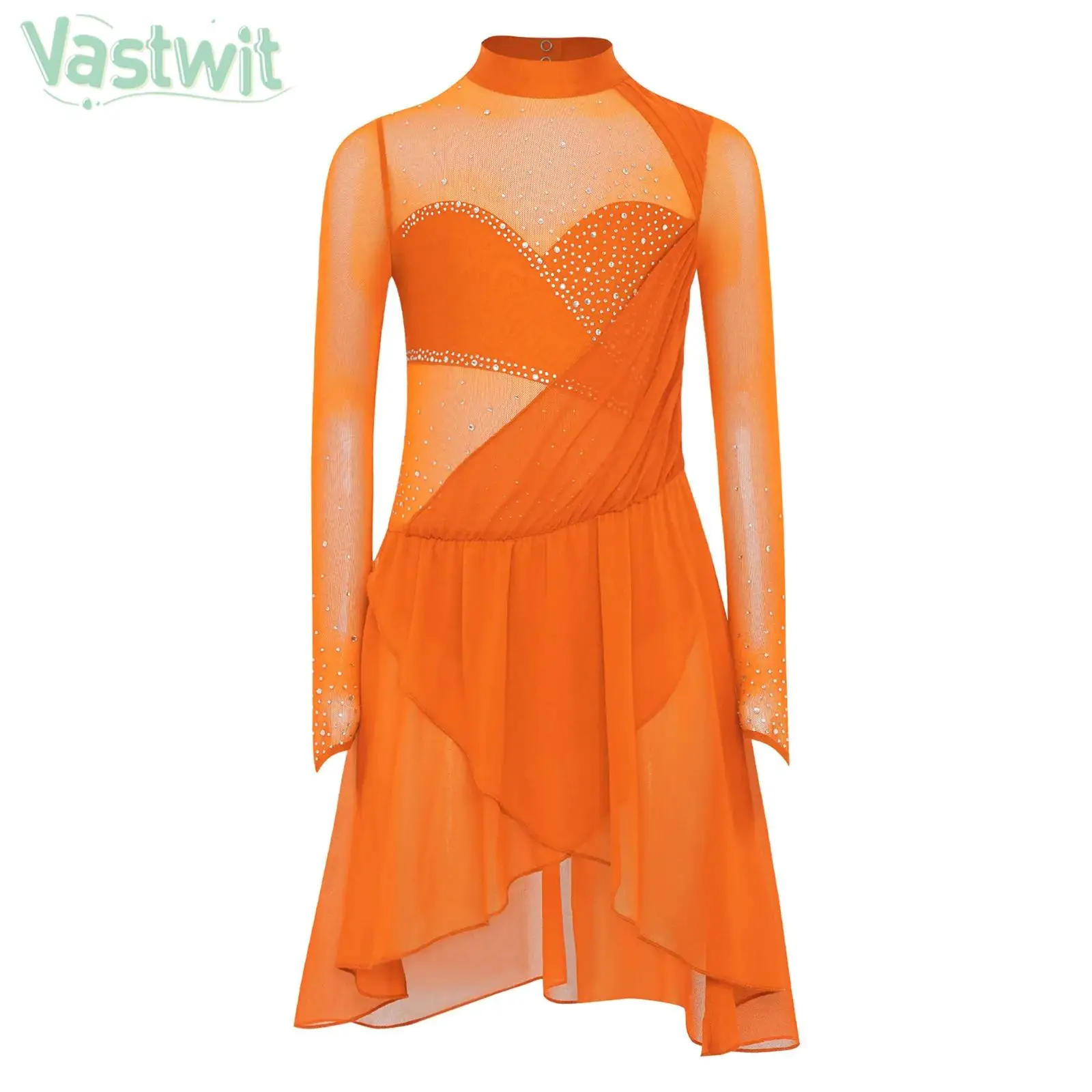 6-16Y الفتيات الشكل التزلج الحديثة الغنائية الرقص الجمباز رداء رقص الباليه فستان طويل الأكمام حجر الراين بقماش شفاف Dancewear #1