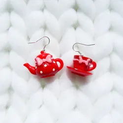 Novelty Red Teapot Coffee Cup 3D Resin Dangle Earrings Personalized Girl Hiphop Jewelry Pink Bow Knot Tea Set Handmade Earrings