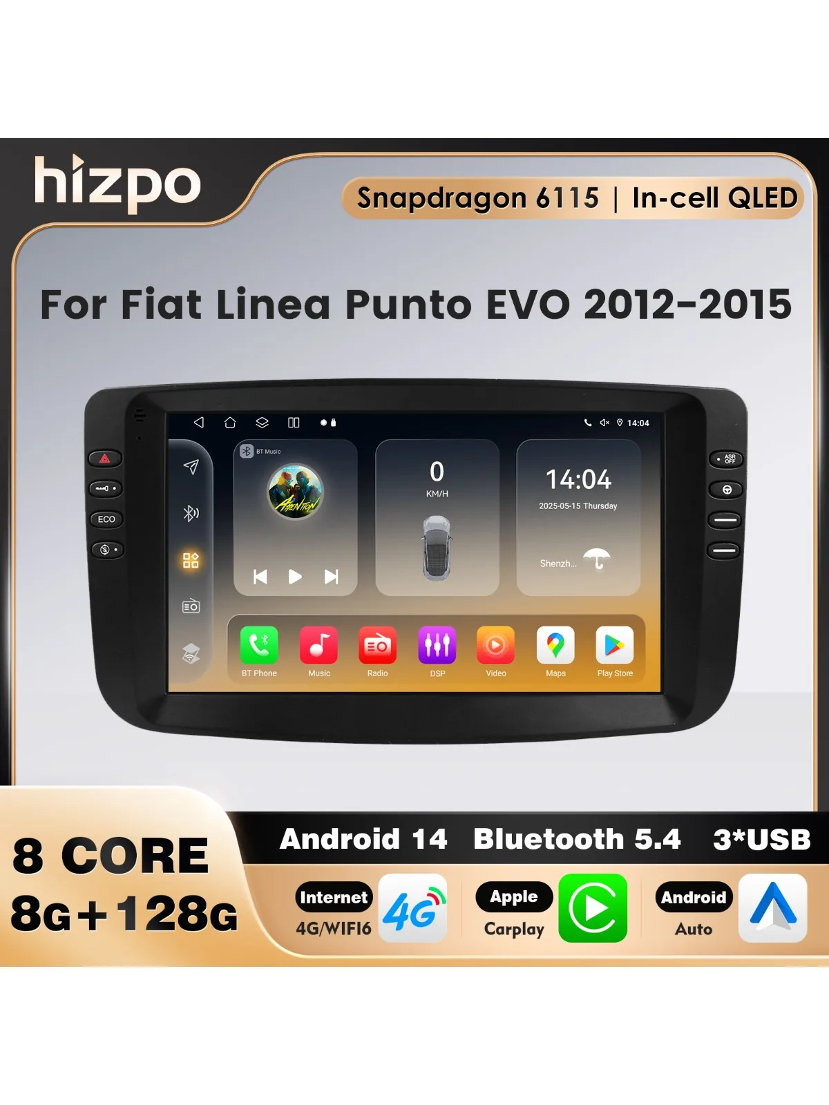 9 "Android 14 Drahtlose Carplay für Fiat Linea Punto EVO 2012-2015 Snapdragon AutoRadio Multimedia Player Stereo GPS WIFI 4G TLE